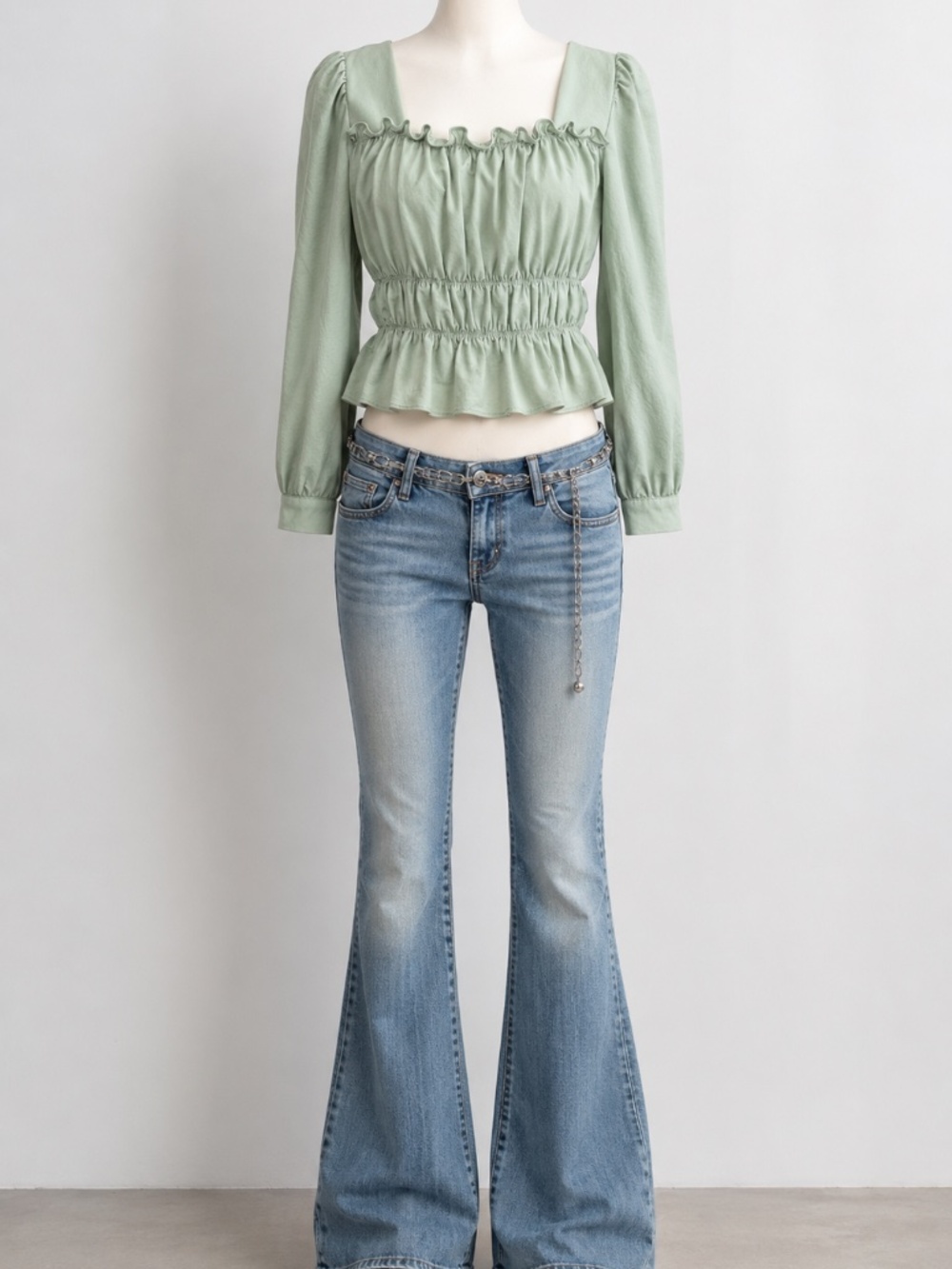 Mango MNG Mint Sage Green Smocked Peplum Crop Blouse Square Neck Ruffle S